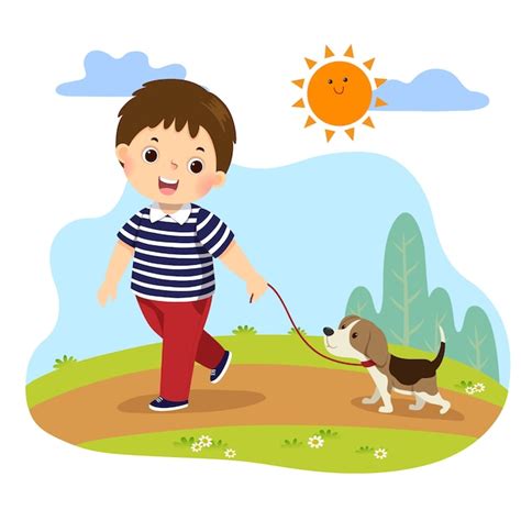 Premium Vector Cartoon Of A Little Boy Taking His Dog For A Walk