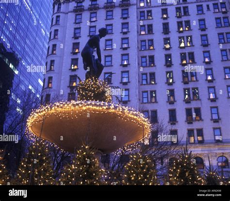 Christmas Trees Pulitzer Fountain Plaza Hotel Manhattan New York Stock