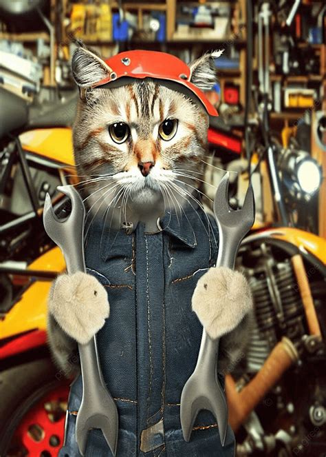 พื้นหลังแมวในชุดช่างกำลังซ่อมมอเตอร์ไซค์ Ai สร้าง ภาพวอลล์เปเปอร์สำหรับ