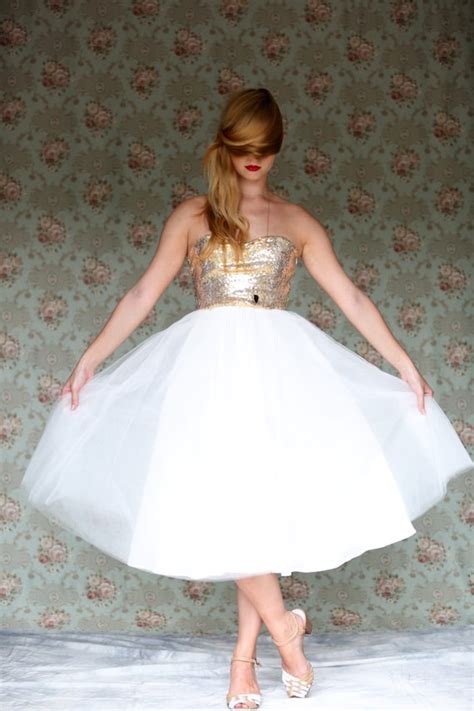 Gold Sequin Strapless Wedding Dress Ivory Tea Length Tulle Dress