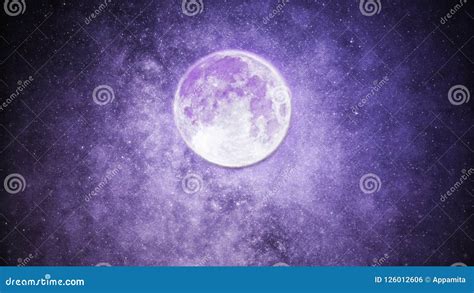 Beautiful Purple Night Sky With Many Stars And Bright Full Moon Stock