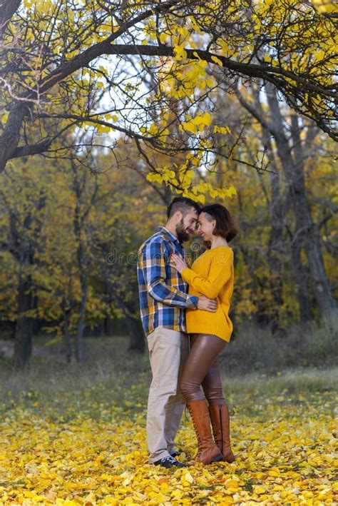 Happy Couple In The Autumn Forest Stock Photo Image Of Leaves Woman