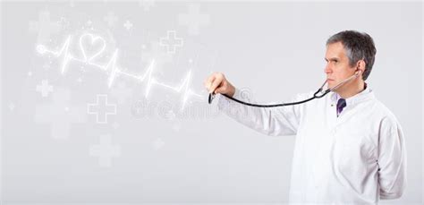 Doctor Examinates Heartbeat With Abstract Heart Stock Image Image Of