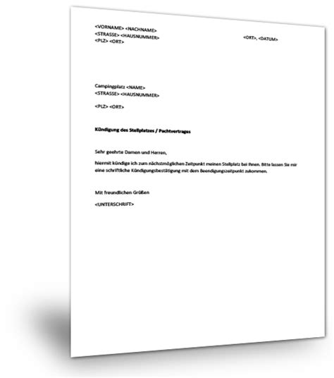 Muster zum download in pdf & doc. Kündigung Campingplatz Muster