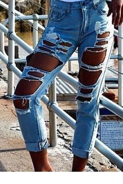 new fashion ladies women sexy big holes ripped jeans extreme rip white light blue jeans free