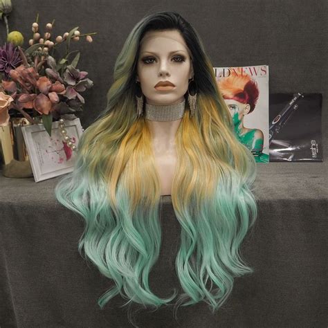 Sunflower Light Yellow And Green Ombre With Dark Root Synthetic Lace
