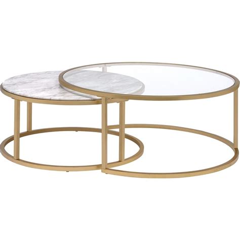 Venetian Worldwide Shanish 2 Piece Gold Round Glass Coffee Table Set With Nesting Tables Va