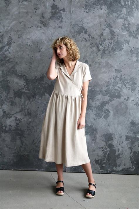 Linen Wrap Dress In Beigebelted Linen Short Sleeve Etsy Outing