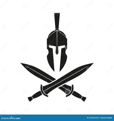 Vector Illstration Of Spartan Helmet With Two Swords Isolated Stock