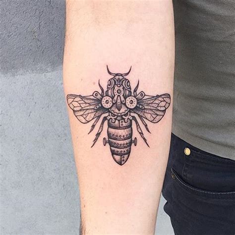 Black Ink Forearm Tattoo Of Mechanical Bee Tattooimagesbiz