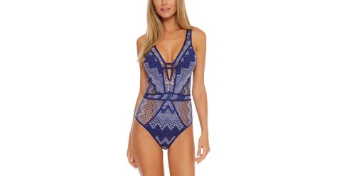 Becca Synthetic Reveal Crochet Plunge Neck One Piece Swimsuit In Blue