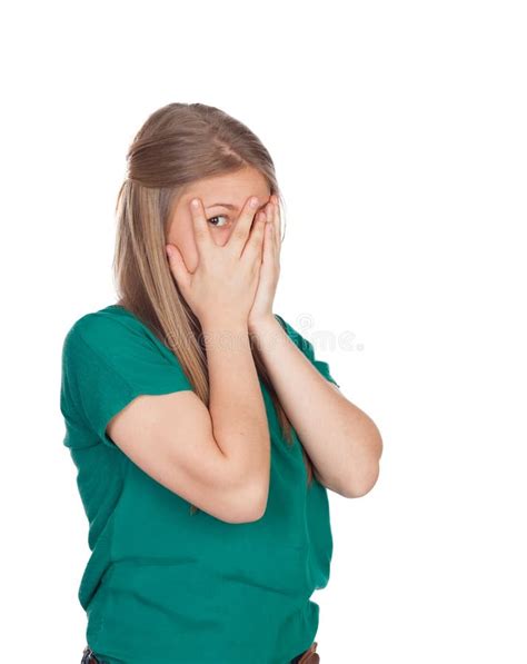 Beautiful Shy Girl With Green T Shirt Covering Her Face Stock Image Image Of Cheerful Healthy
