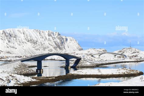 Famous Fredvang Bridges In Winter With Mountains In Backgrond Lofoten