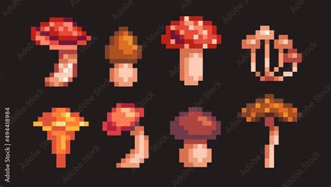 Obraz Mushrooms Pixel Art Set Fungi Forest Plants Collection 8 Bit