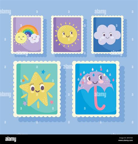 Cute Stamps Cartoon Star Umbrella Rain Rainbow Clouds Sun Icons Vector