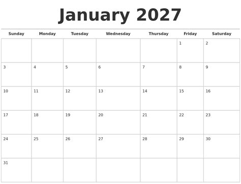 January 2027 Calendars Free