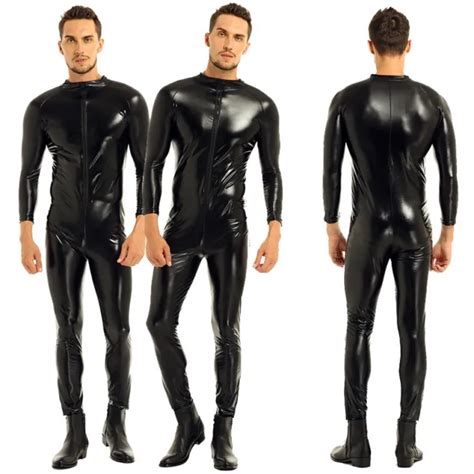 Mens Wetlook Front Zipper Full Body Bodysuit Jumpsuit Catsuit Clubwear