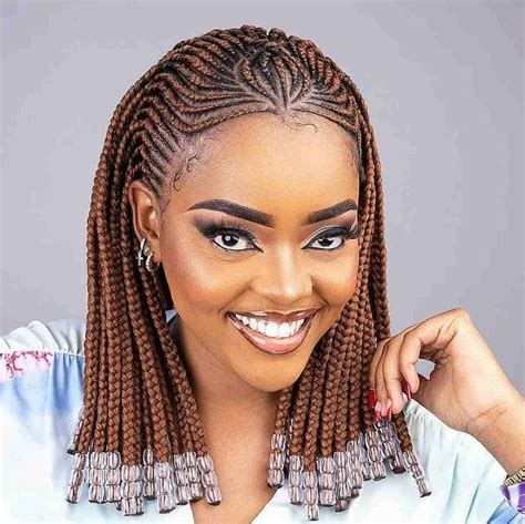 Light Brown Ghana Braids With Beads Short Box Braids Hairstyles