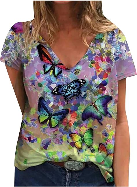 Butterfly Tie Dye Tops For Women V Neck Blouse Short Sleeve Tshirt
