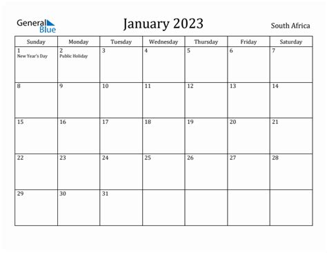 January 2023 Monthly Calendar With South Africa Holidays