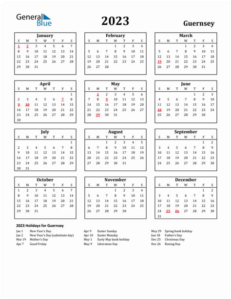 Free Printable 2023 Guernsey Holiday Calendar