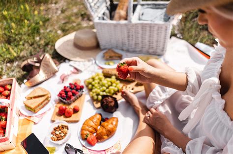 Blanket With Food Prepared For Summer Picnic Outdoors Free Stock Photo