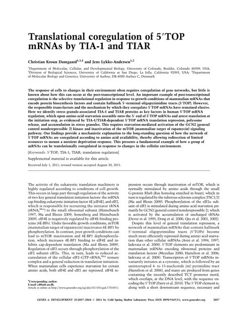 Pdf Translational Coregulation Of 5′top Mrnas By Tia 1 And Tiar