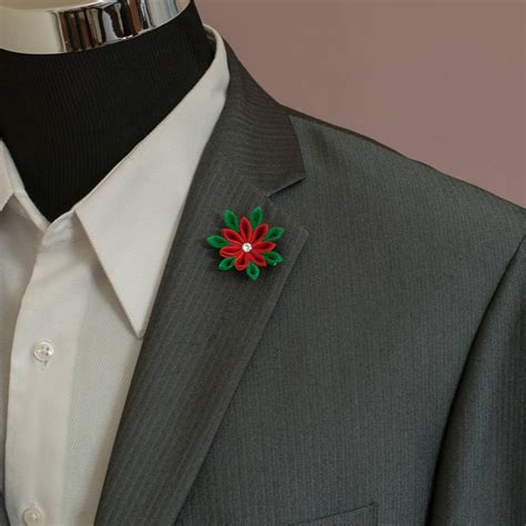 Christmas Lapel Pin Red And Green Poinsettia Kanzashi Flower Etsy
