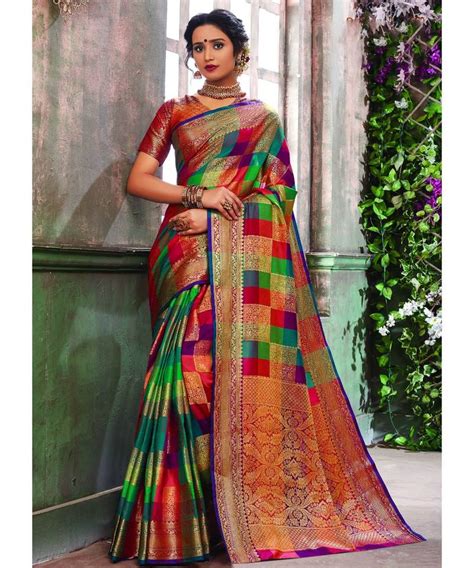Multicolor Banarasi Pure Silk Checks Jacquard Work Traditional Saree
