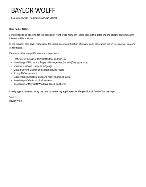 Front Office Manager Cover Letter Velvet Jobs