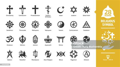 Religious Symbol Glyph Icon Set With Christian Cross Islam Crescent And