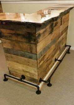 You may want to extend that overhand by a couple of inches to make it easier for people to sit at your bar without banging their knees against the bar wall. Pallet wood bar with live edge slab red oak top | Diy ...