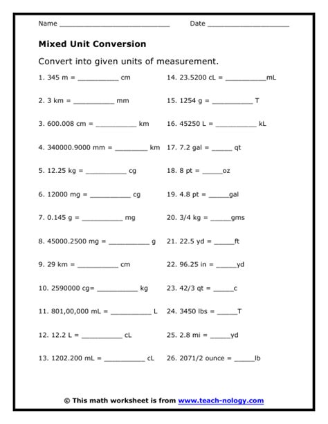 Mixed Unit Conversion Measurement Worksheets Math Conversions Math