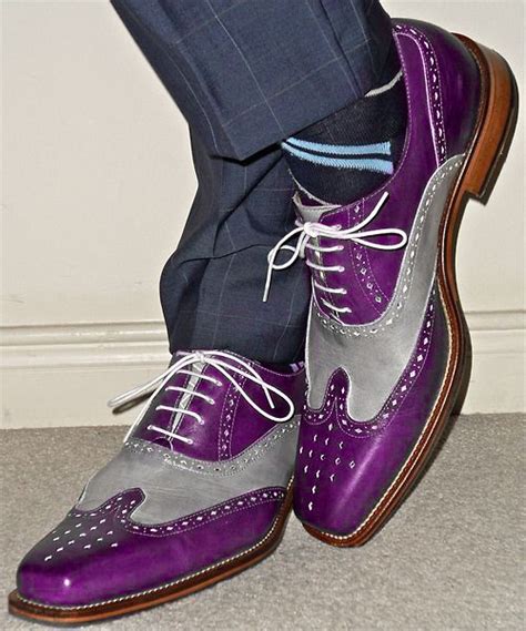 New Handmade Mens Fashion Wingtip Two Tone Shoes Men Purple And Gray