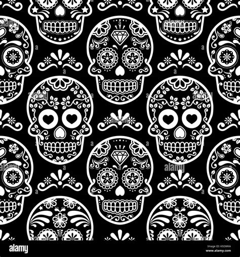 Halloween Skull Vector Seamless Pattern Mexican Cute Black Skulls