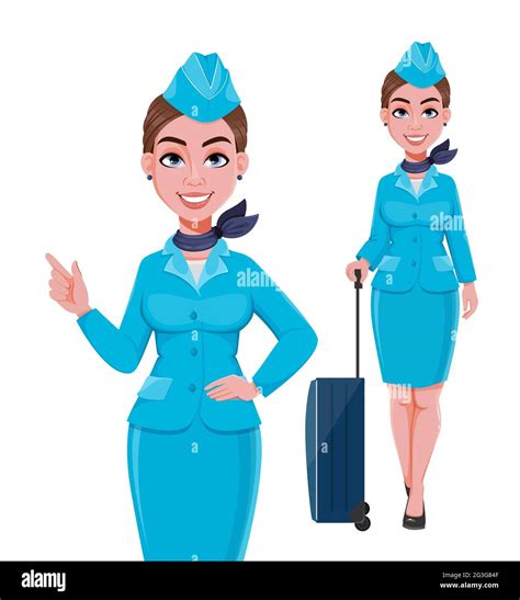 stewardess in blue uniform set of two poses beautiful woman stewardess cartoon character in