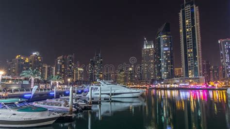 Dubai Marina Bay With Yachts An Boats Night Stock Image Image Of