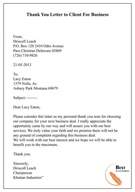 Thank You Letter Template To Client Sample And Example