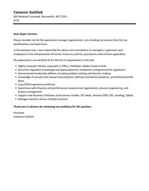 Operations Manager Cover Letter Velvet Jobs