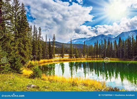 Sunny Autumn Day In Jasper National Park Stock Photo Image Of Cloud
