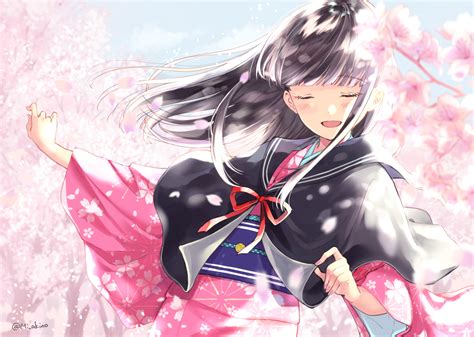 Aliasing Black Hair Blush Cape Cherry Blossoms Flowers Japanese Clothes Kimono Long Hair Miyabi