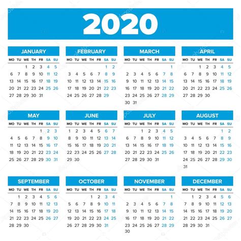 Simple 2020 Year Calendar — Stock Vector © 123sasha 130287290