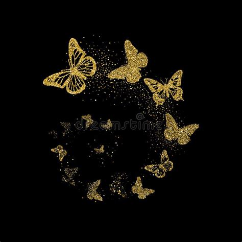Golden Glitter Butterflies Fly In Spiral On Black Background Beautiful