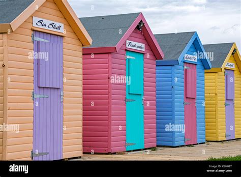 Colourful Beach Huts Amble Northumberland England Uk Stock Photo