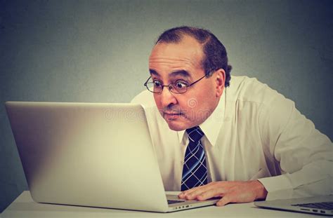 Middle Aged Shocked Business Man Sitting Front Laptop Computer Looking