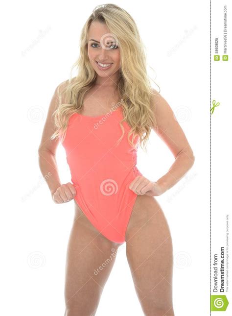 Young Blonde Pin Up Model Wearing A Pink Body Stock Image Image Of Model Relaxed 58608025