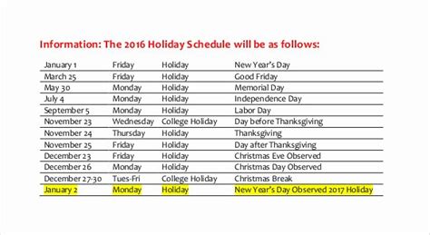 Employee Holiday Schedule Template Stcharleschill Template