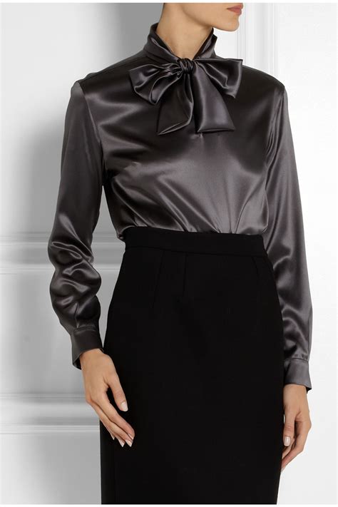 Dolce And Gabbana Pussy Bow Stretch Silk Satin Blouse In Gray Lyst