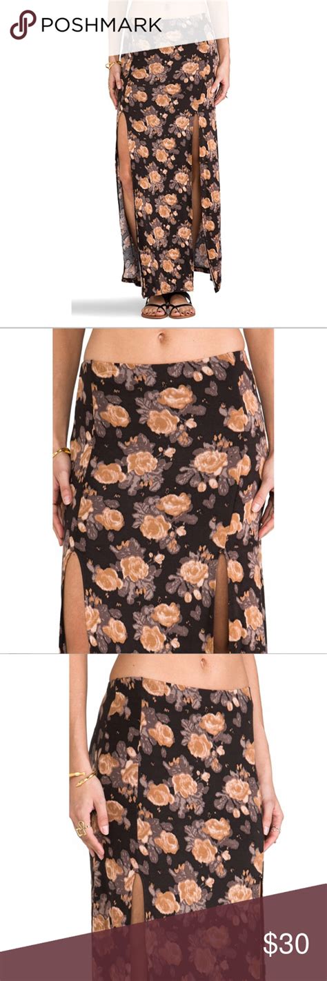 Obey Tan Roses Maxi Skirt With Leg Slits Small Printed Maxi Skirts