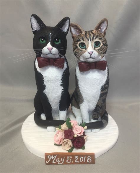 Tabby And Tuxedo Cat Wedding Cake Topper Hand Sculpted From Polymer